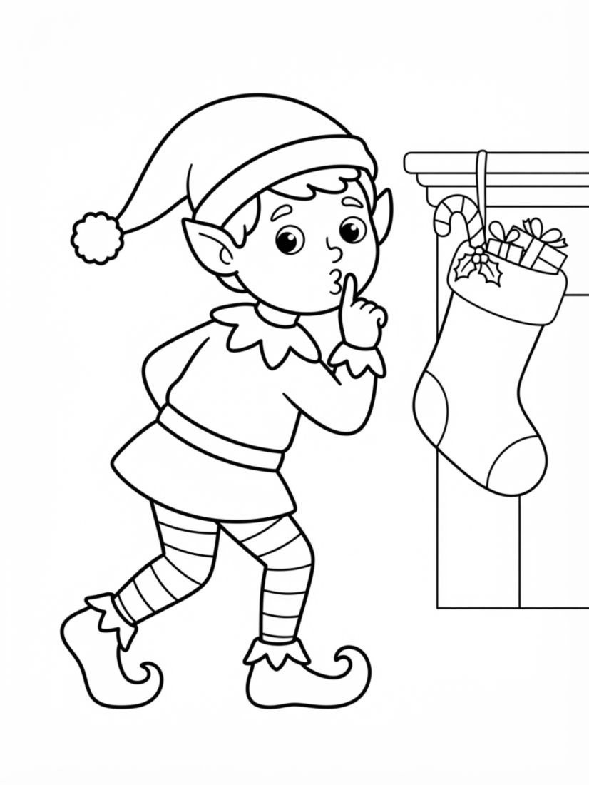 Elf Tiptoeing Past a Stocking