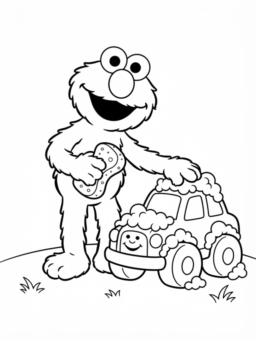 Elmo Washing a Toy Car