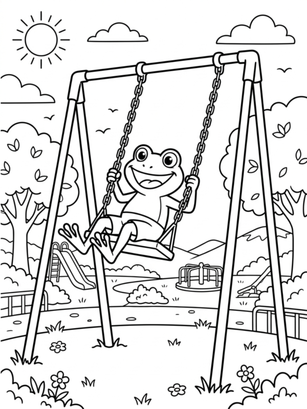 Frog Swinging on a Playground Swing