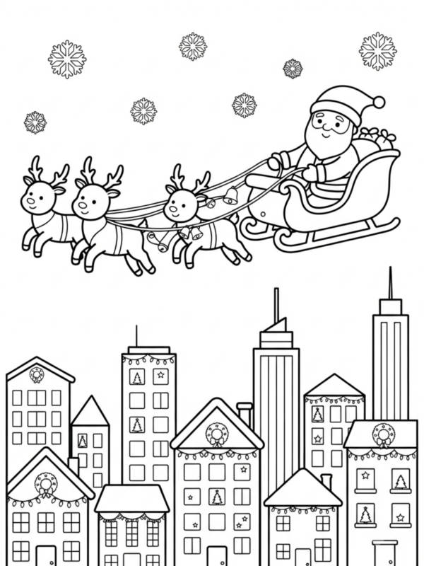Santa and Rudolph Flying Over the City