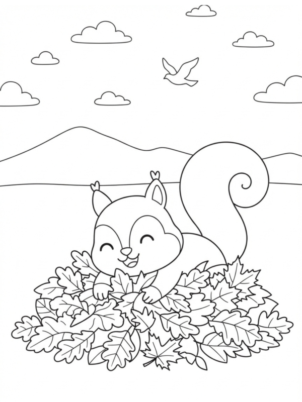Cute Squirrel with a Pile of Leaves
