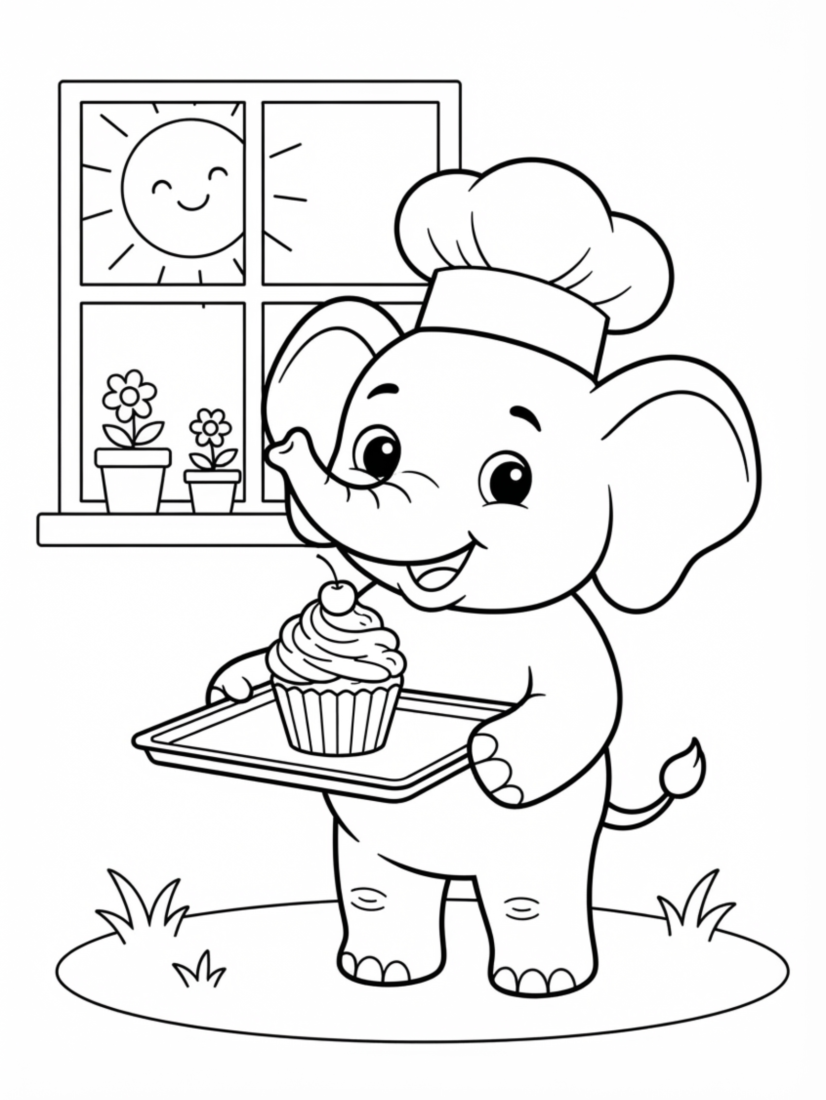 Elephant Baking a Cupcake