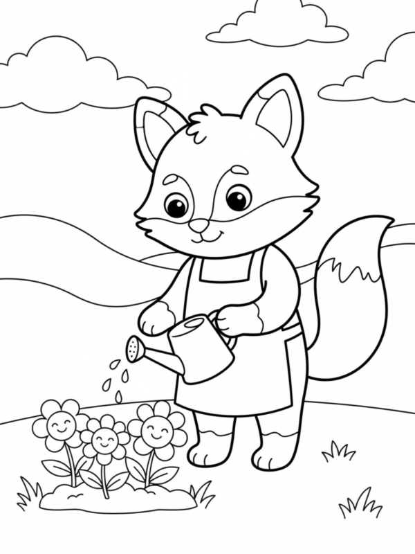 Fox Watering Flowers