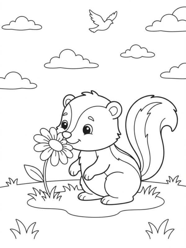 Friendly Skunk Smelling a Flower