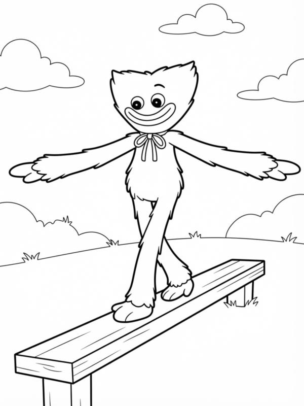 Huggy Wuggy Balancing on a Wooden Beam