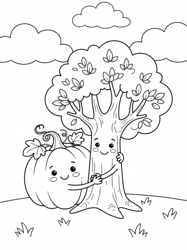 Pumpkin Hugging a Friendly Tree