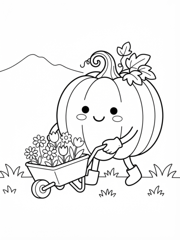 Pumpkin Pushing a Toy Wheelbarrow