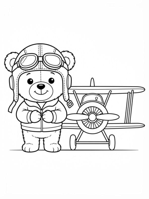 Brave Pilot Bear with His Biplane