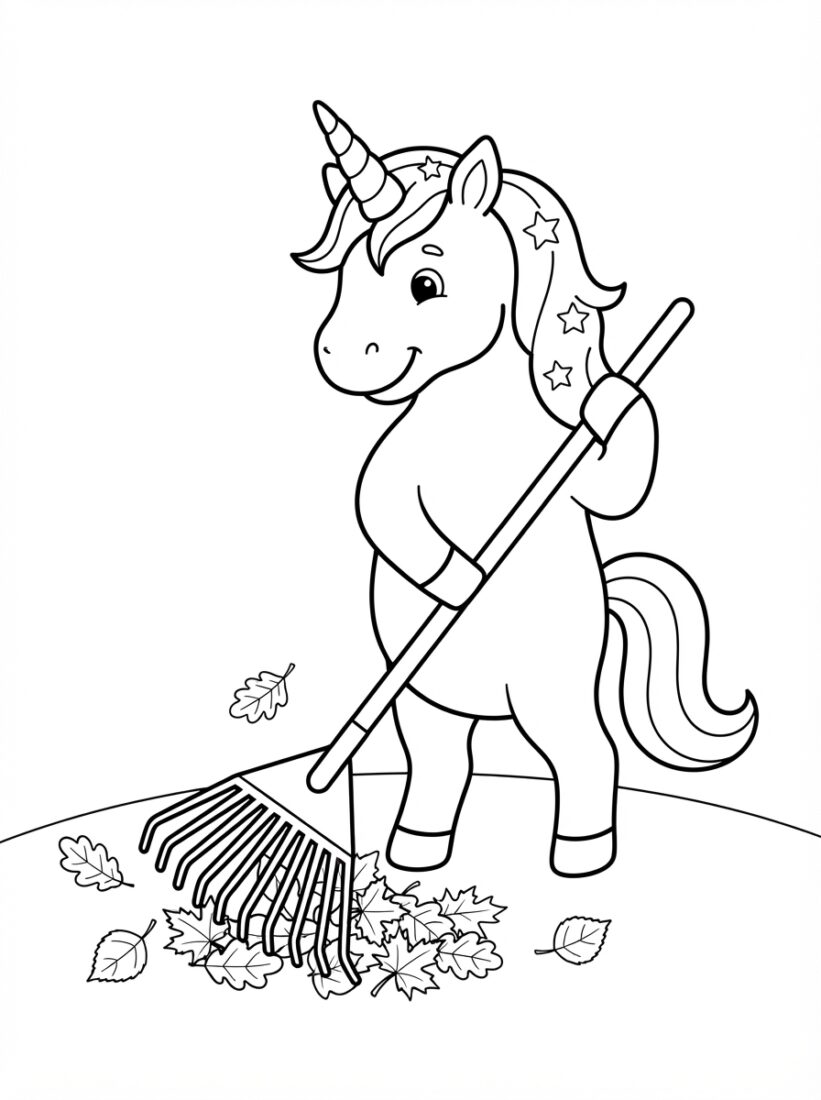 Unicorn Raking Autumn Leaves
