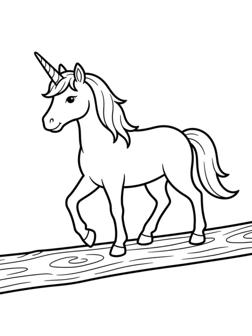 Unicorn Walking Across a Log Bridge