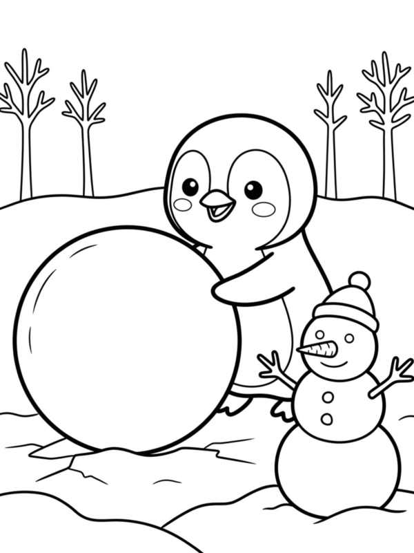 Penguin Building a Snowman