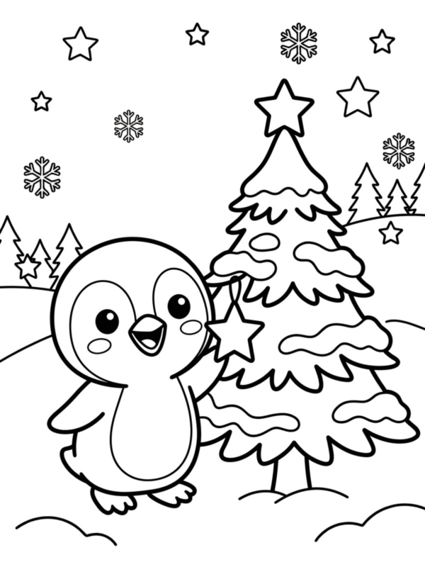 Penguin Decorating a Christmas Tree