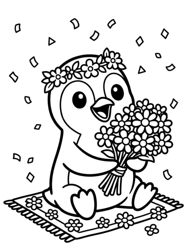 Penguin Holding a Bouquet of Flowers